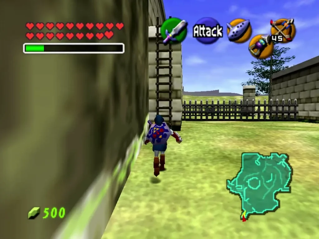 Link climbing past the ladder and fence on the ledge by the Kakariko Village entrance