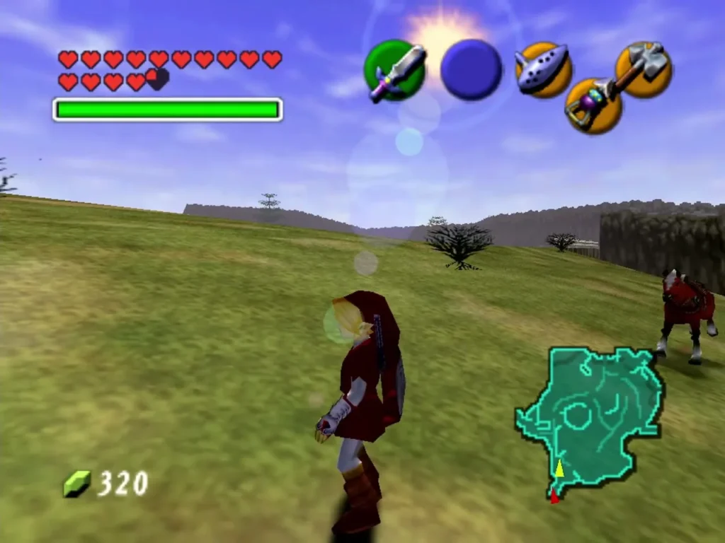 Link walking with Epona across the field near a bush at the field edge