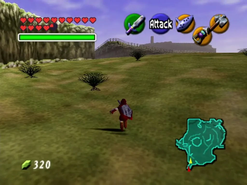 Link running across grass past scattered shrubs near the field's edge