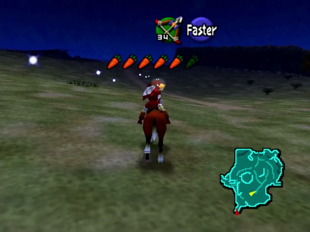 Link riding Epona at night past a patch of brush in Hyrule Field