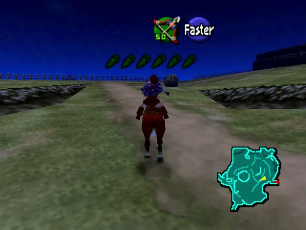 Link riding Epona at night along a dirt path across Hyrule Field