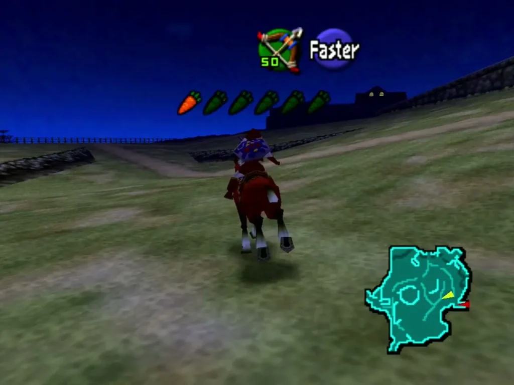 Link riding Epona at night beside a low stone wall