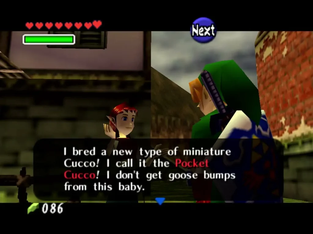 Cucco keeper Anju in Kakariko explaining the Pocket Cucco in a text box Cucco keeper Anju in Kakariko explaining the Pocket Cucco in a text box