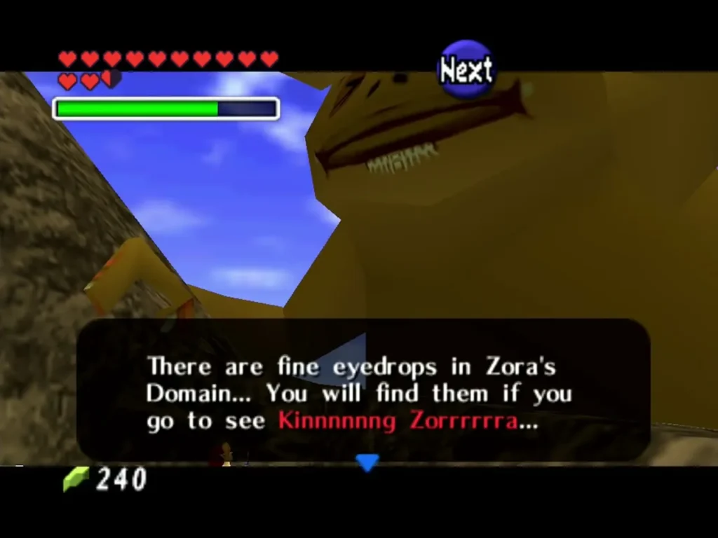 Biggoron on the summit telling Link there are fine eyedrops in Zora's Domain at King Zora's place Biggoron on the summit telling Link there are fine eyedrops in Zora's Domain at King Zora's place