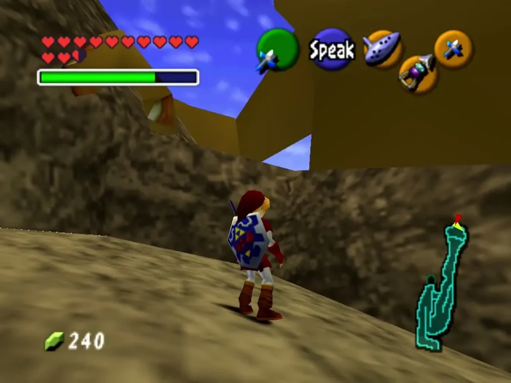 Link standing on the rocky Death Mountain summit path near Biggoron, with the Speak prompt showing Link standing on the rocky Death Mountain summit path near Biggoron, with the Speak prompt showing
