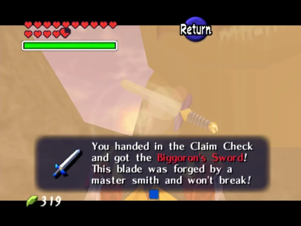 Box announcing Link handed in the Claim Check and got Biggoron's Sword Box announcing Link handed in the Claim Check and got Biggoron's Sword