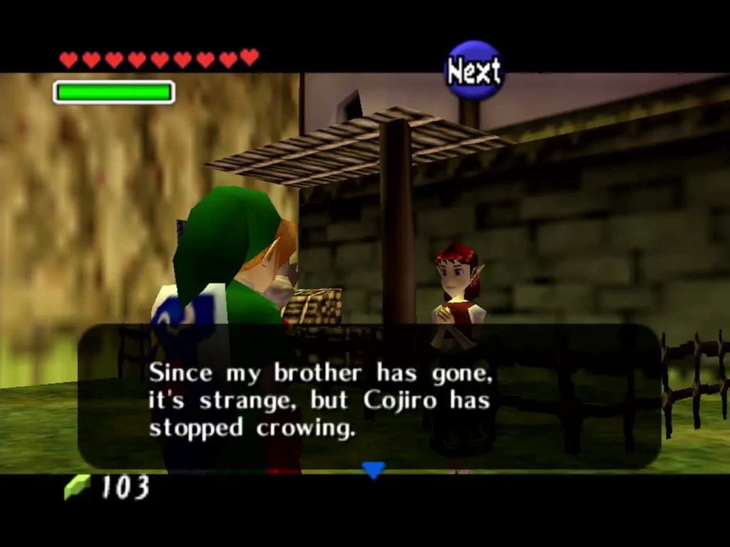 Cucco keeper in Kakariko saying Cojiro has stopped crowing since her brother left Cucco keeper in Kakariko saying Cojiro has stopped crowing since her brother left