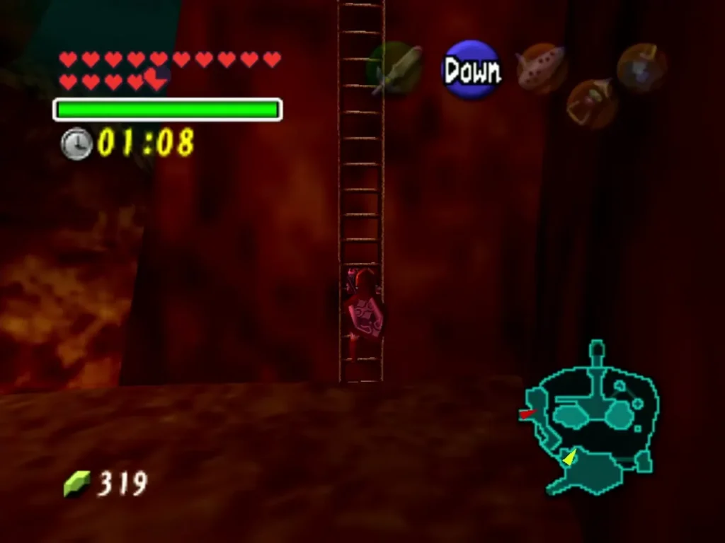 Link climbing a ladder inside Death Mountain Crater with the timer running Link climbing a ladder inside Death Mountain Crater with the timer running