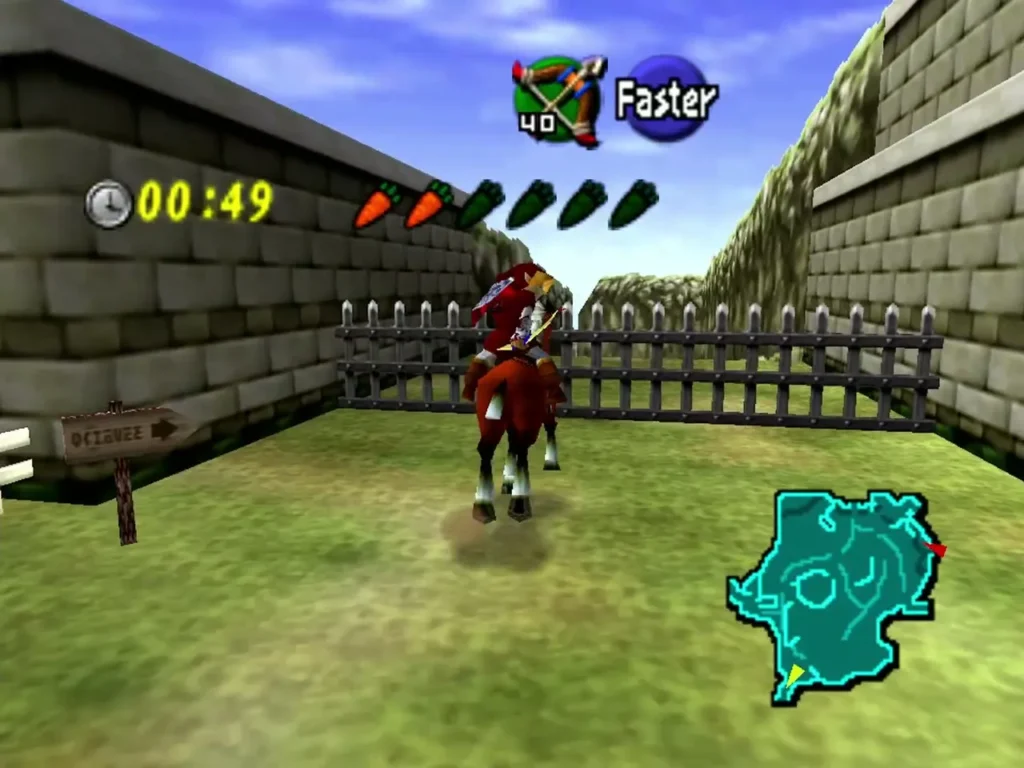 Link riding Epona toward Lake Hylia with the three-minute timer running Link riding Epona toward Lake Hylia with the three-minute timer running