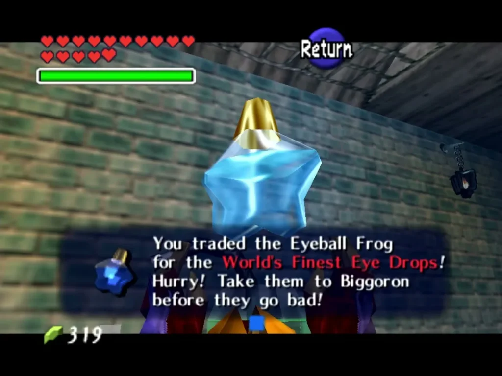 Link holding up the World's Finest Eye Drops after trading the Eyeball Frog Link holding up the World's Finest Eye Drops after trading the Eyeball Frog