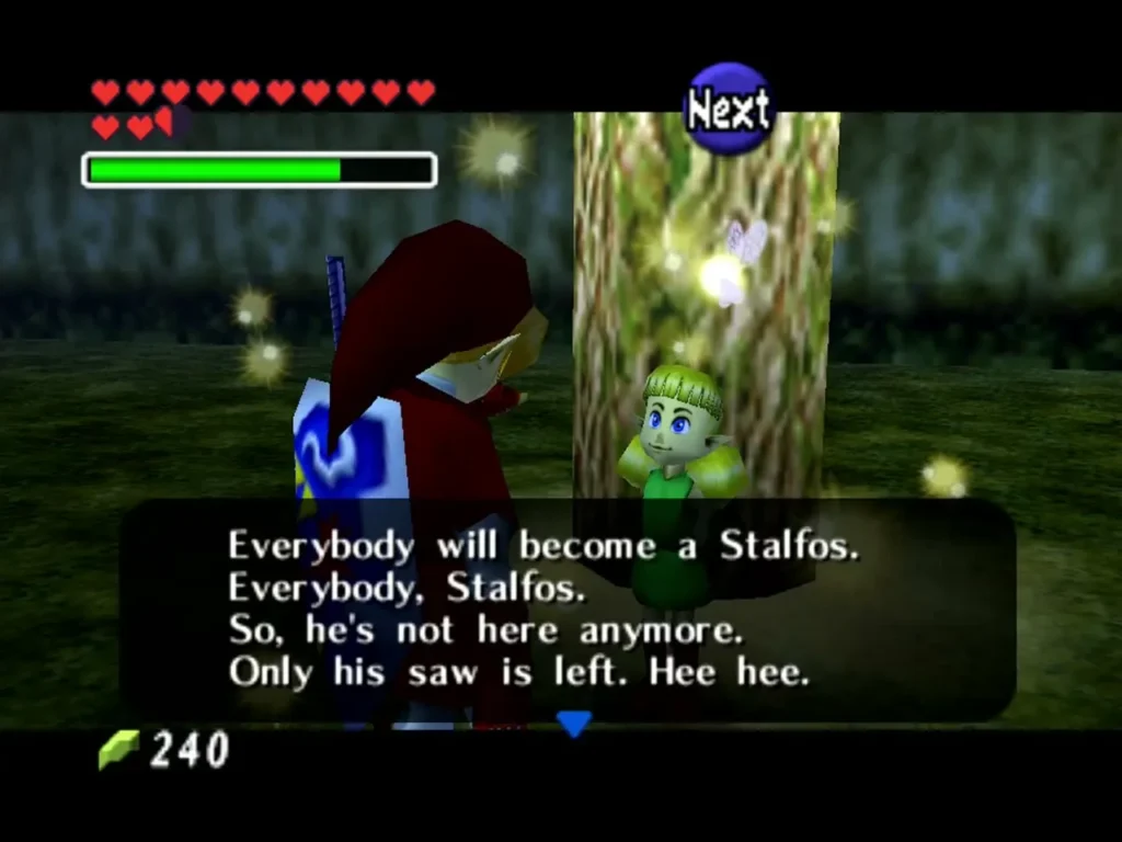 Fado in the Lost Woods explaining that everybody will become a Stalfos and only his saw is left Fado in the Lost Woods explaining that everybody will become a Stalfos and only his saw is left
