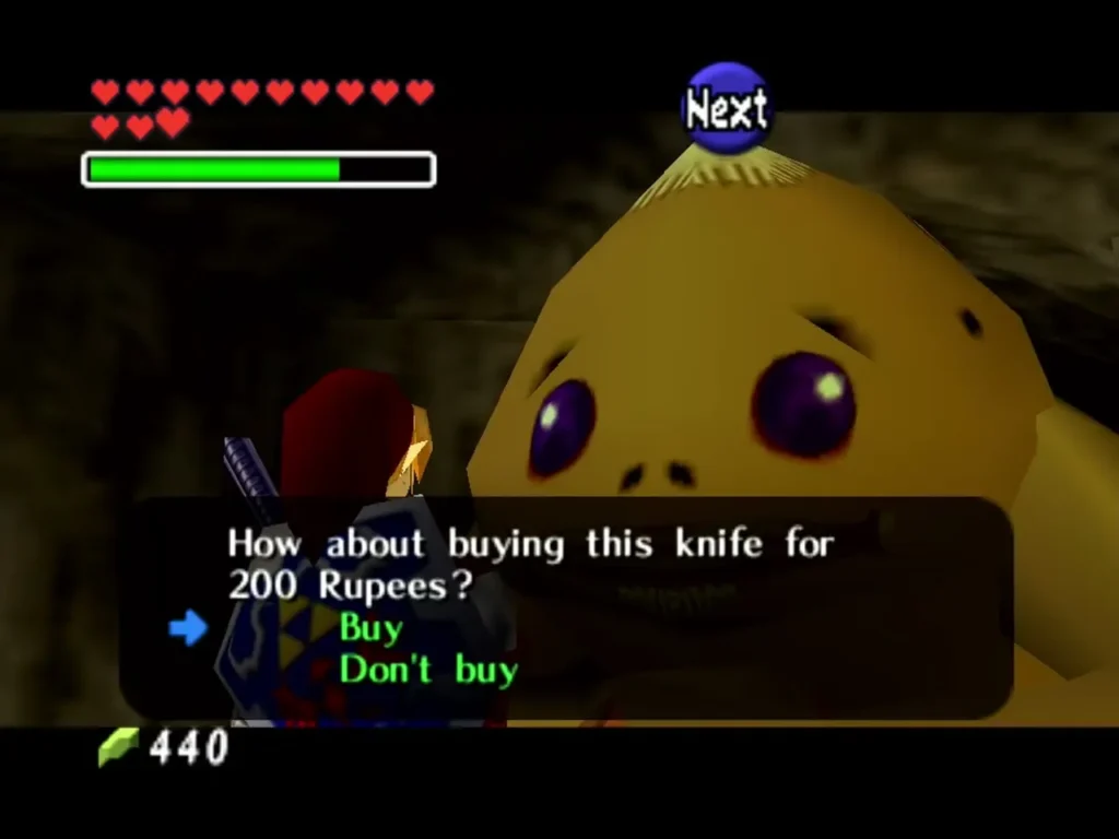 Goron shopkeeper asking if Link wants to buy the Giant's Knife for 200 Rupees, with Buy and Don't buy options Goron shopkeeper asking if Link wants to buy the Giant's Knife for 200 Rupees, with Buy and Don't buy options