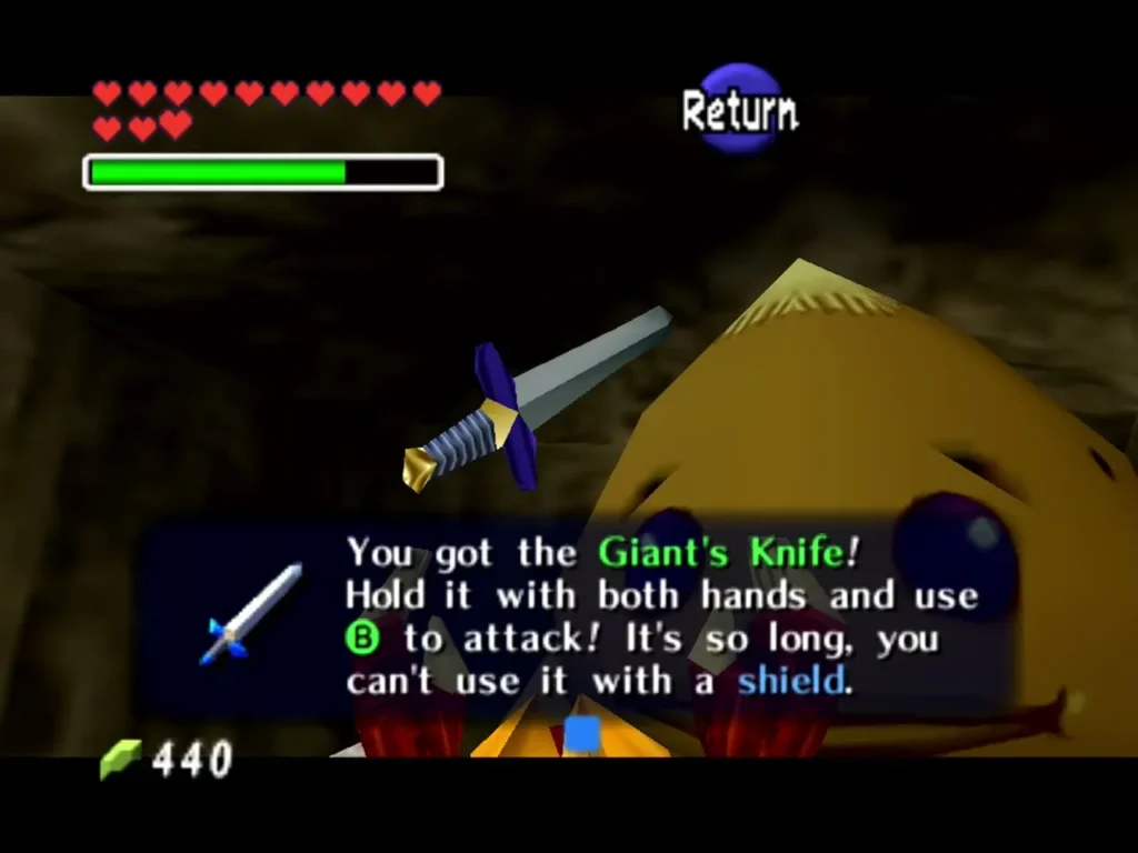 The Giant's Knife raised in the air with the "You got the Giant's Knife" message box on screen The Giant's Knife raised in the air with the "You got the Giant's Knife" message box on screen