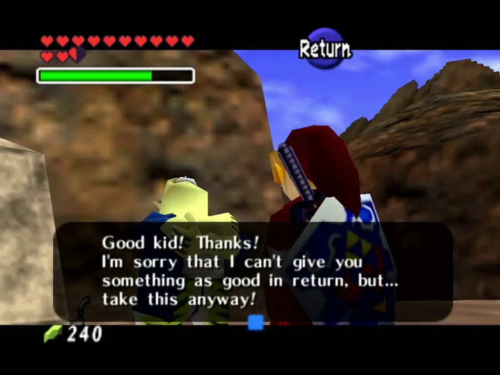 Goron courier thanking Link and offering to take the Poacher's Saw Goron courier thanking Link and offering to take the Poacher's Saw
