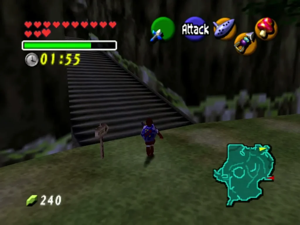 Link running up a stone staircase through Kakariko Village at night, the Odd Potion timer counting down Link running up a stone staircase through Kakariko Village at night, the Odd Potion timer counting down