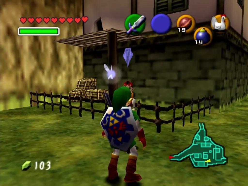 Link by a Kakariko fence with the Pocket Cucco equipped on the C button Link by a Kakariko fence with the Pocket Cucco equipped on the C button
