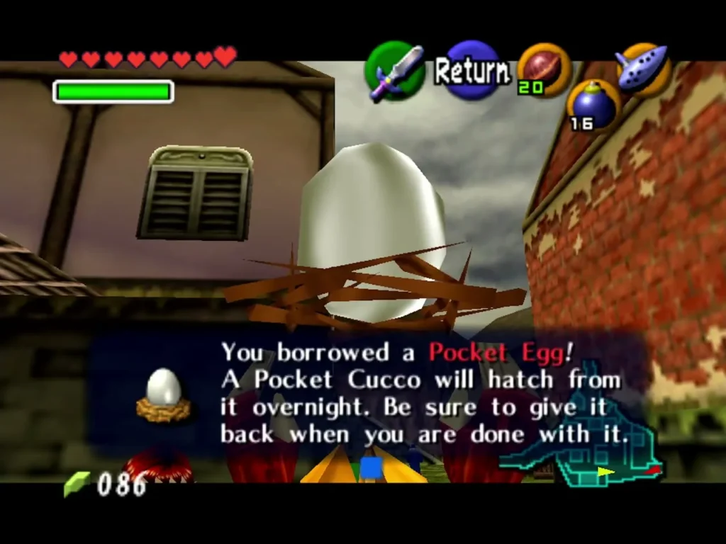 Pocket Egg on its nest on a Kakariko roof beside the 'You borrowed a Pocket Egg' message Pocket Egg on its nest on a Kakariko roof beside the 'You borrowed a Pocket Egg' message