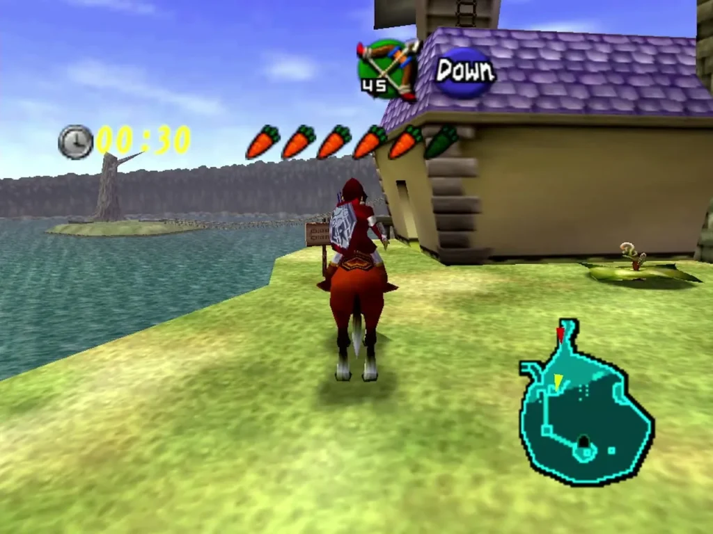 Link riding Epona up to the Lakeside Laboratory with the timer running Link riding Epona up to the Lakeside Laboratory with the timer running