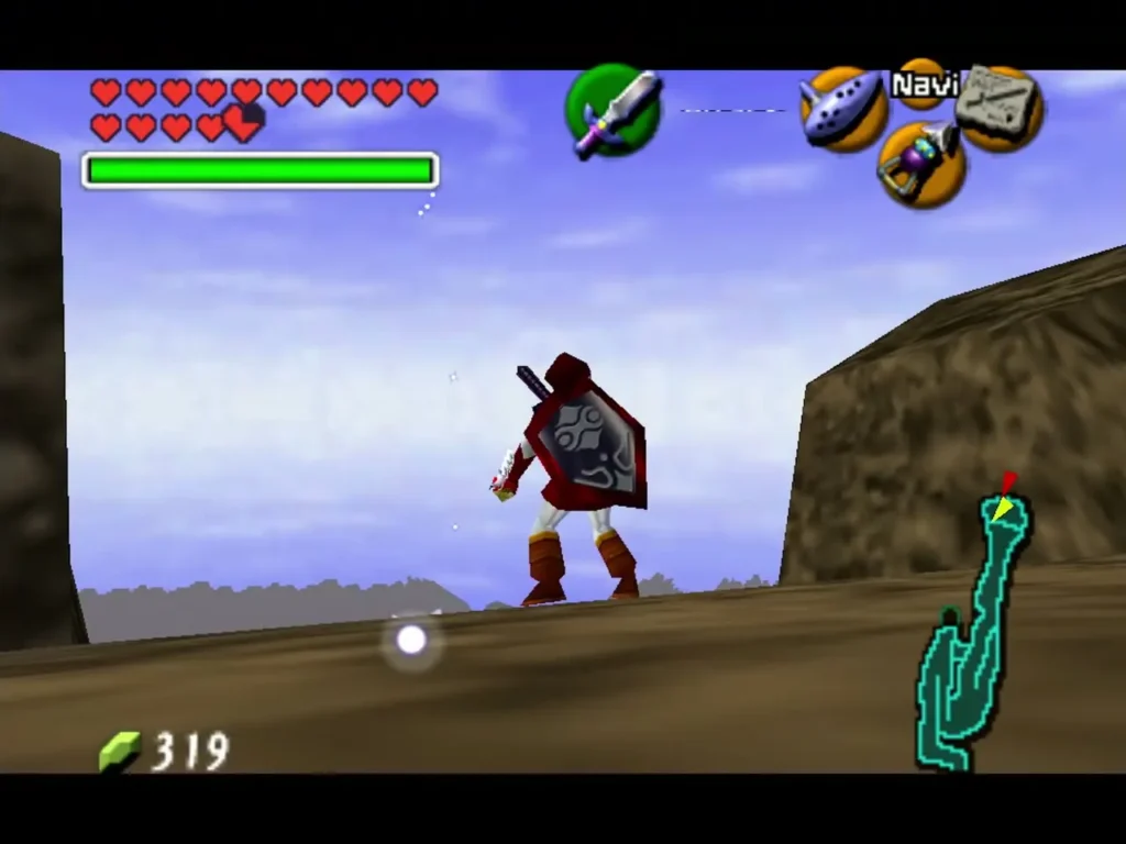 Link on Death Mountain raising the Hylian Shield against a blue sky Link on Death Mountain raising the Hylian Shield against a blue sky