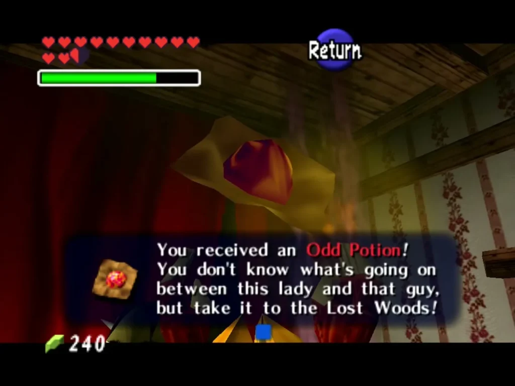 Link holding up the Odd Potion as the box reads You received an Odd Potion, take it to the Lost Woods Link holding up the Odd Potion as the box reads You received an Odd Potion, take it to the Lost Woods