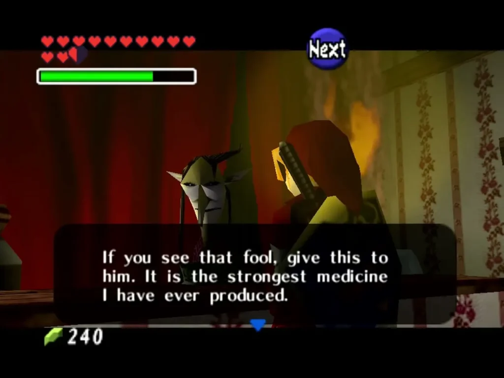Potion shop hag in a red-curtained room telling Link the medicine is the strongest she has made Potion shop hag in a red-curtained room telling Link the medicine is the strongest she has made