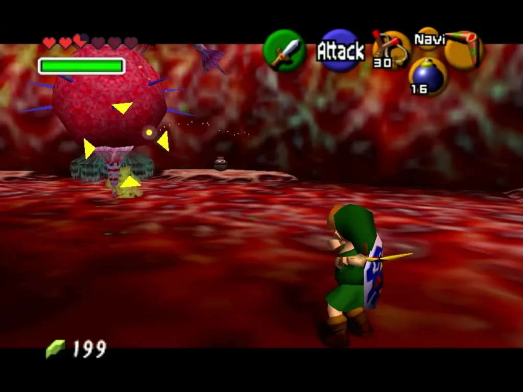 Link with sword drawn beside Barinade pink body in the Belly boss room
