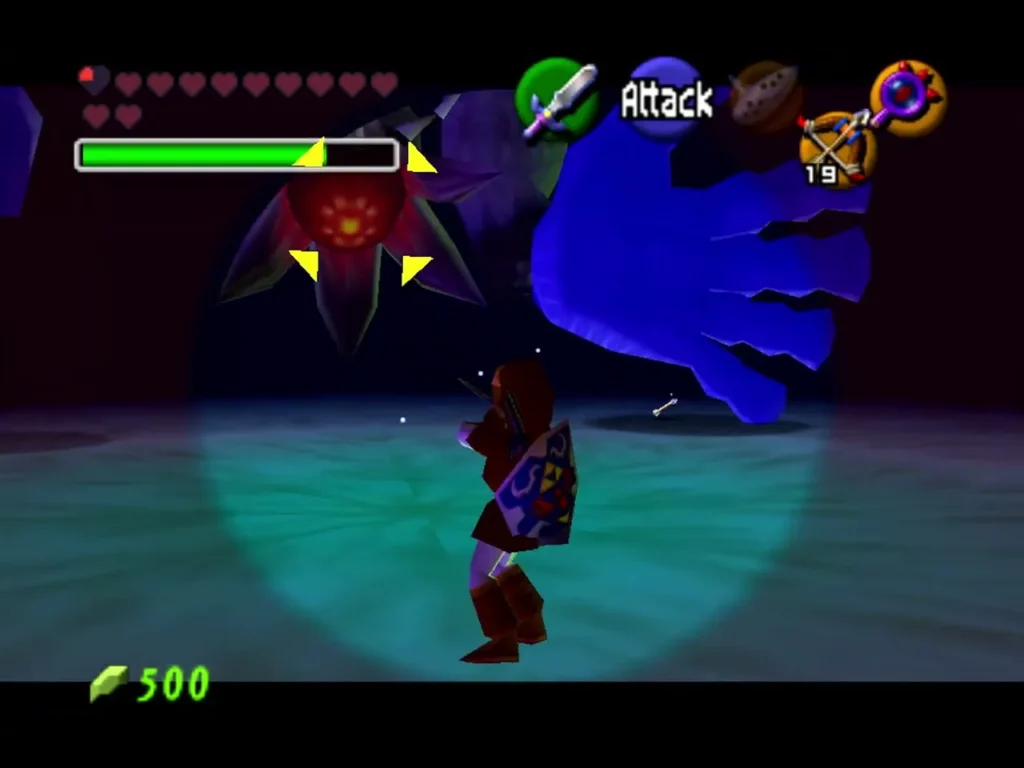 Bongo Bongo's red eye exposed while Link stands close in the arena