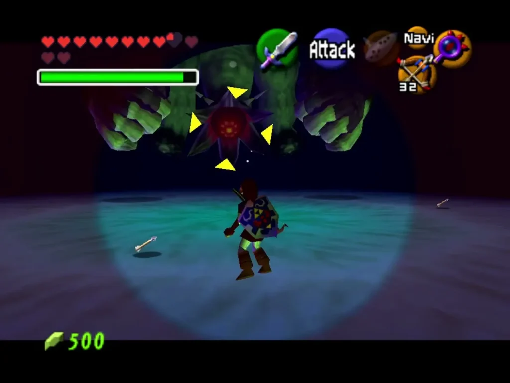 Bongo Bongo's red eye between its two green hands in the Shadow Temple room