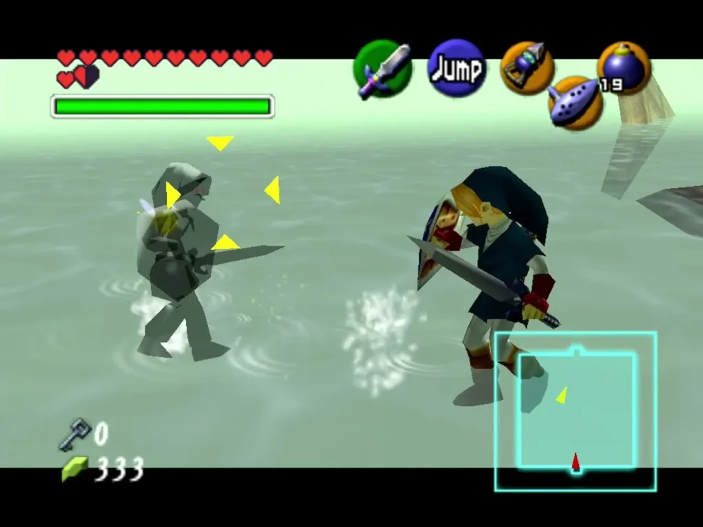 Link and Dark Link facing off in the pale water arena