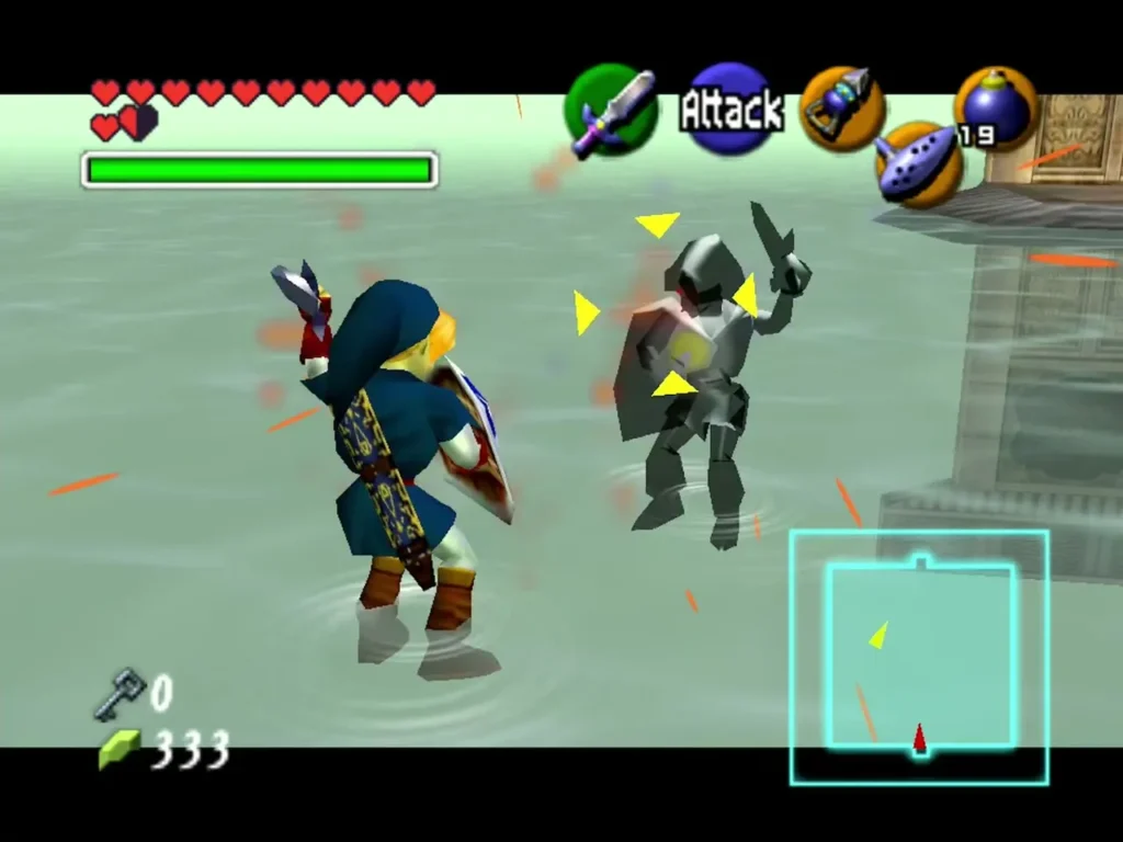 Link and Dark Link clashing swords in the shallow water arena