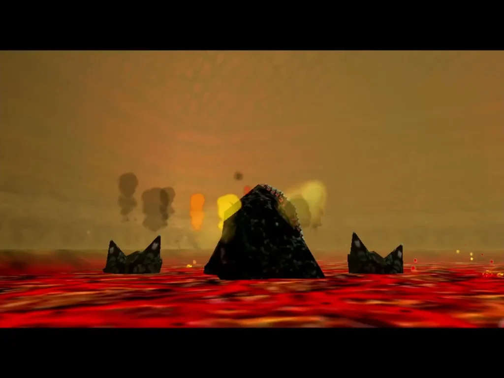 King Dodongo's body lying in smoke and fire on the lava floor