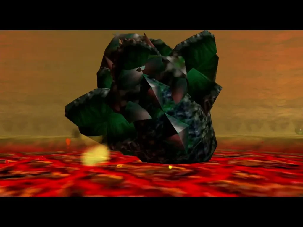 King Dodongo lying on the lava floor after the bomb blasts