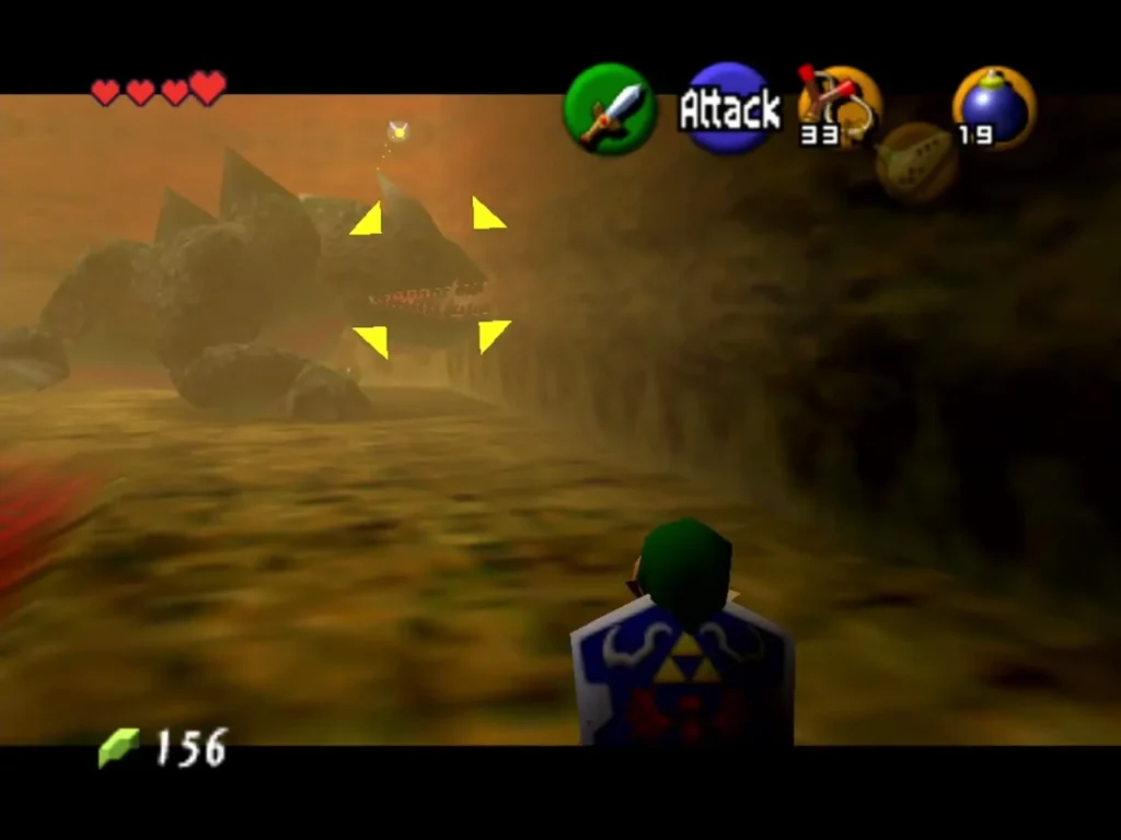 King Dodongo rolling across the lava cavern as Link dodges