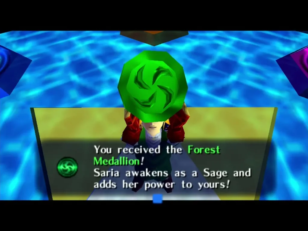 Link holding up the Forest Medallion with its full text box in the Chamber of Sages