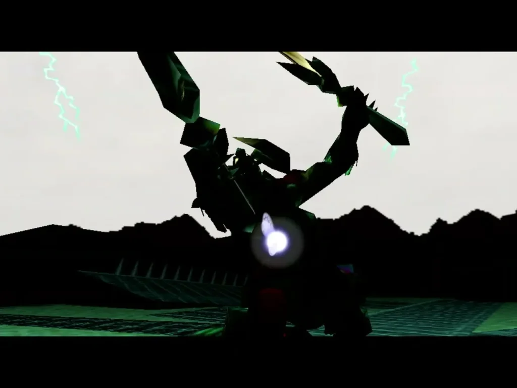 Ganon falling back as lightning crackles around the beast in the ruins