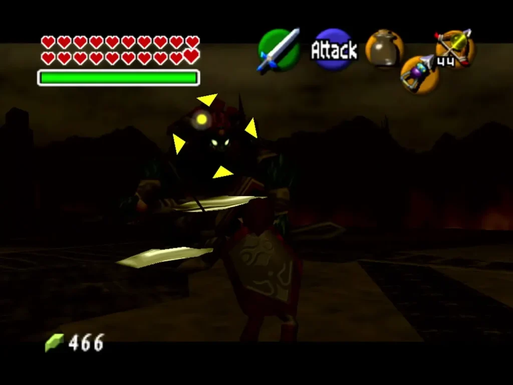 Link locked on to Ganon in the ruins, with yellow target arrows around the beast