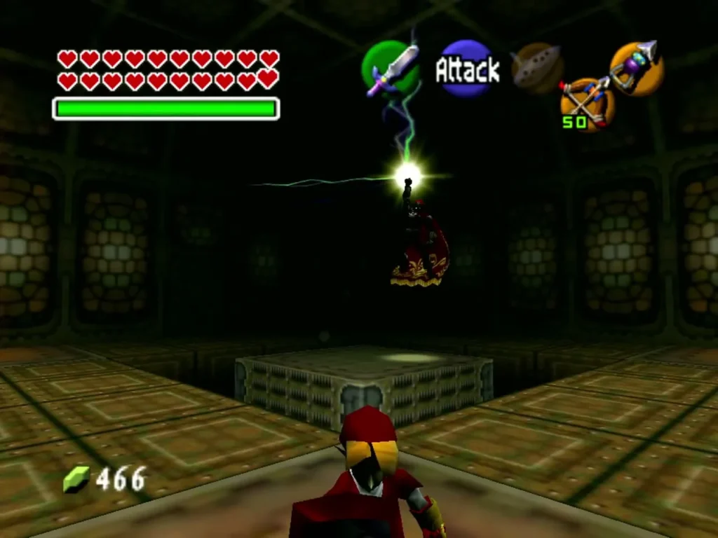 Link swinging his sword to hit Ganondorf's energy ball back in the dark tower