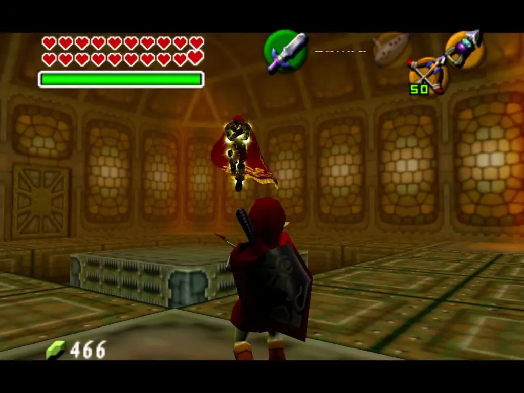 Ganondorf floating above the tower floor while Link watches with sword and shield