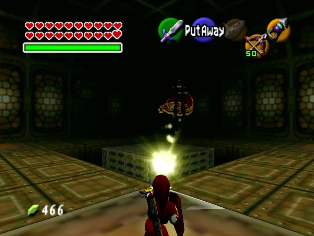 Link firing a glowing Light Arrow at Ganondorf in Ganon's Tower