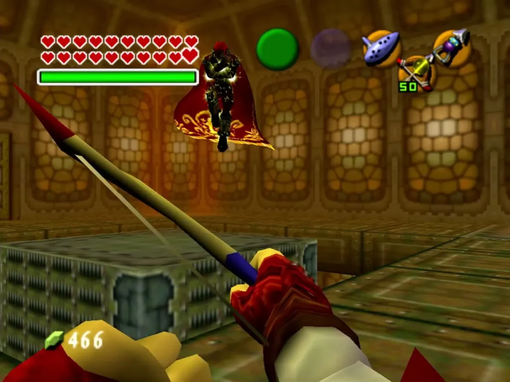 Link drawing his bow at Ganondorf floating in the tower