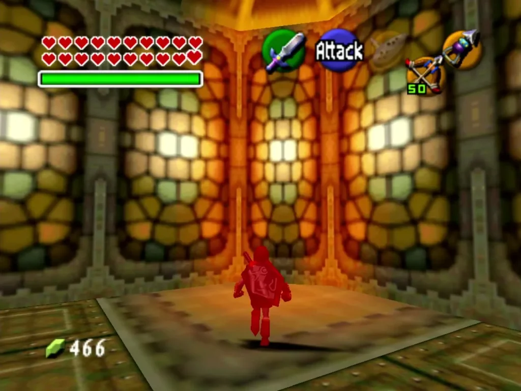 Link alone in the stained-glass arena at the top of Ganon's Tower