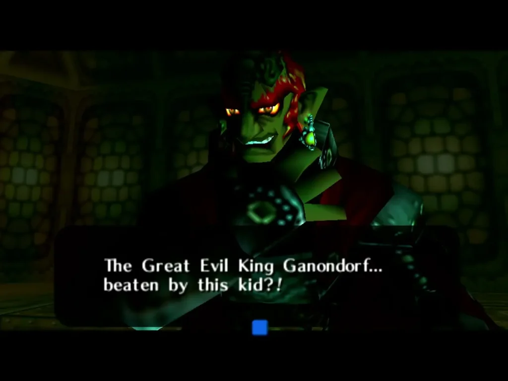 Ganondorf in his dark green form speaking his last lines before he changes into Ganon
