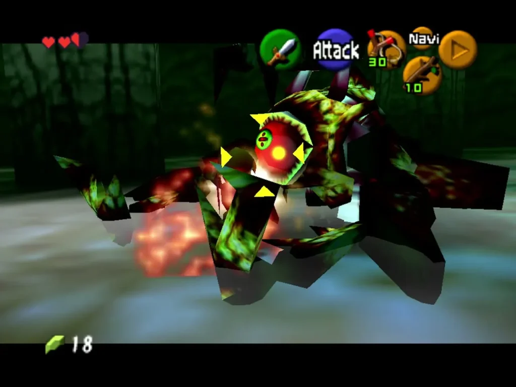 Link facing Gohma in the Deku Tree arena with its red eye targeted