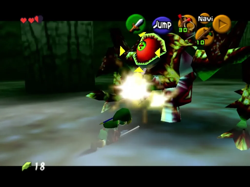 Link's sword striking Gohma in the Deku Tree arena
