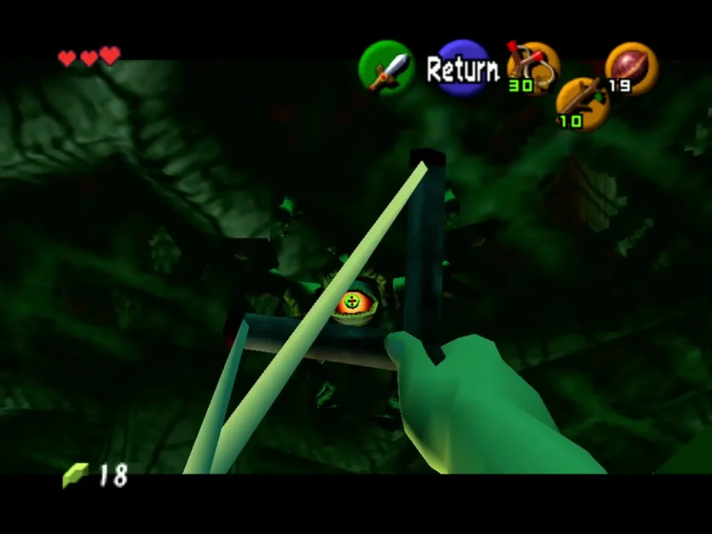 Link aims the Fairy Slingshot at Gohma's red eye in first person