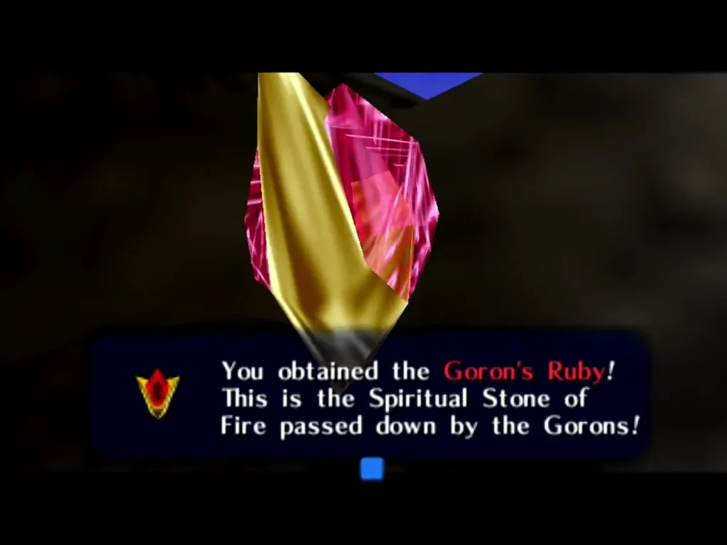 The Goron's Ruby with its full message box after King Dodongo falls