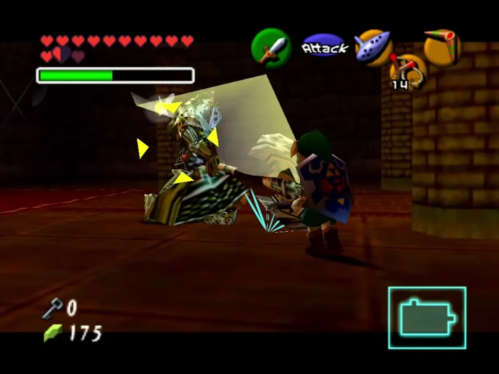 Link slashing at the Iron Knuckle, with a bright burst of sparks from the clash