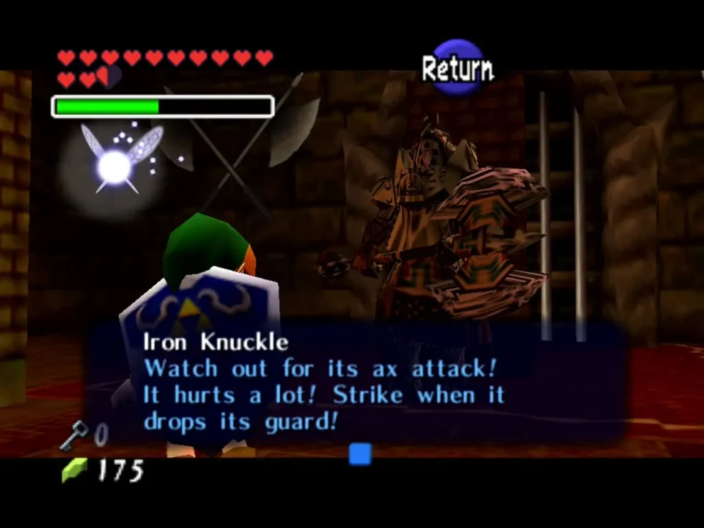 Iron Knuckle's name and warning text in a dialog box as Link faces him in a dungeon