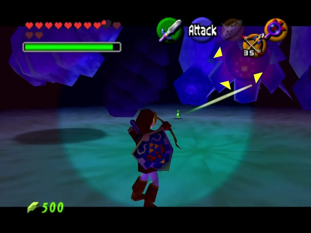 Link aiming the Fairy Bow at one of Bongo Bongo's purple hands