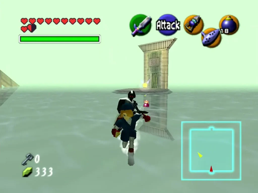 Link leaping into the air to attack Dark Link across the water